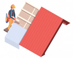 Illustration: halb eingedecktes Dach, mit die nem Dachdecker, der ein weiteres Stück Dach eindeckt